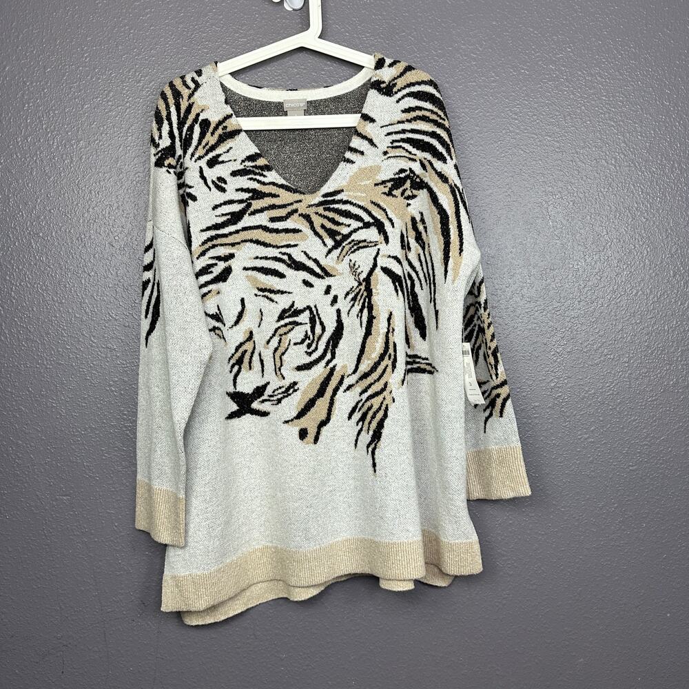 Chico's 3 US XL Tiger Animal Print Face V neck Tan Pullover Tunic Sweater NEW - Picture 1 of 7